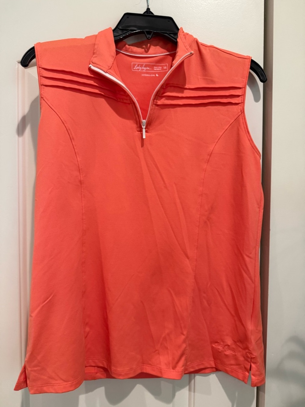 Lady Hagen Sleeveless Zip Mock-Neck Tank in Coral-Orange